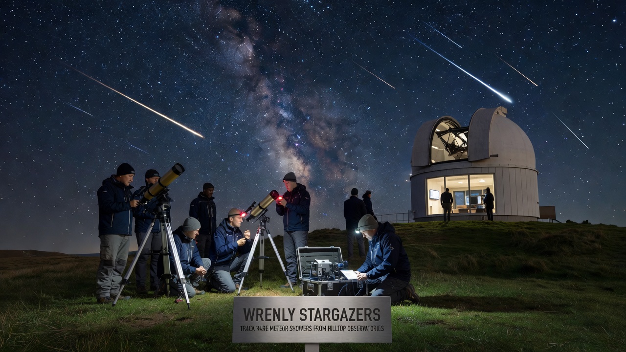 Group of observers reviewing meteor tracking data on screens inside a hilltop observatory